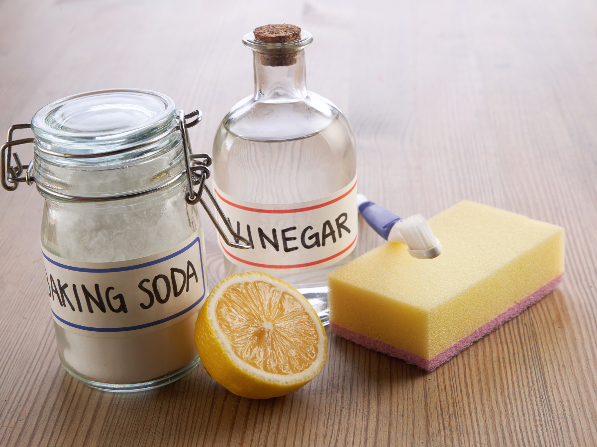 safe cleaning solutions diy for your home - baking soda, vinegar, lemon and a sponge
