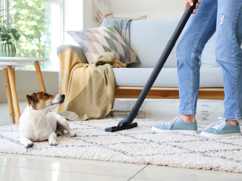 a woman vacuuming a rug next to her dog looking up at her