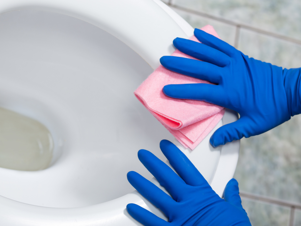 someone cleaning a toilet with blue gloves and a pink cloth