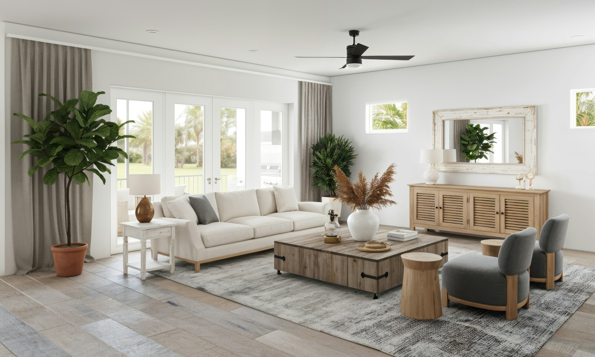 clean coastal styled living room with beige linens and plants